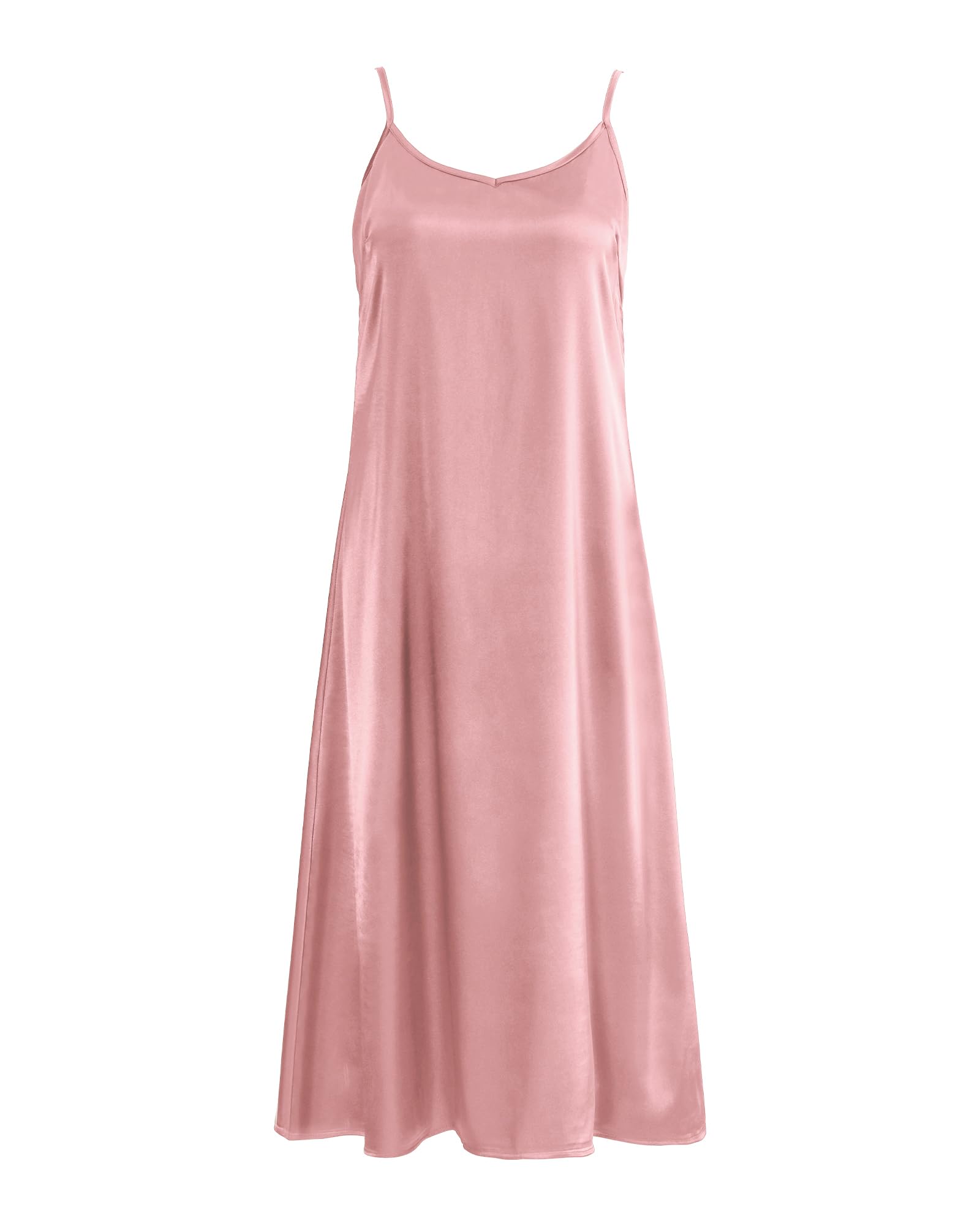 Xintianji Womens Basic Satin Silky Full Slip Midi Loose Dress with V-Neck Sexy Cami Adjustable Strap Wear Nightgown Dresses Pink XL
