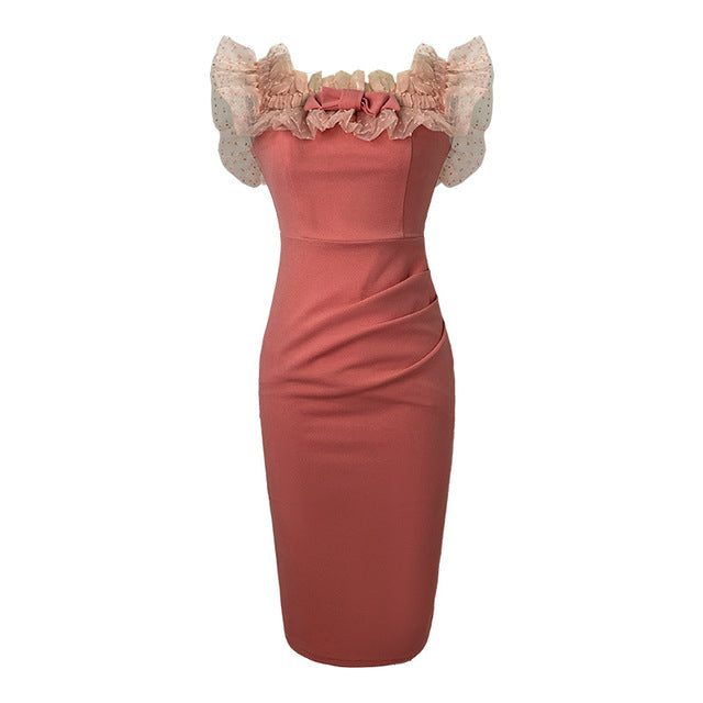 Summer Women's Pink Midi Dress with Off Shoulder Design