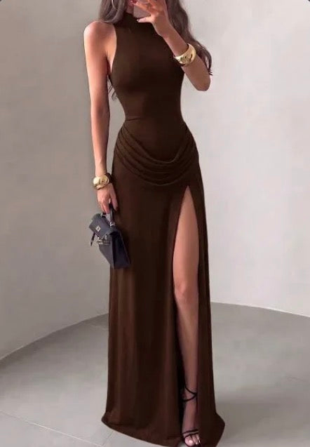 Satin Halter Backless Midi Dress