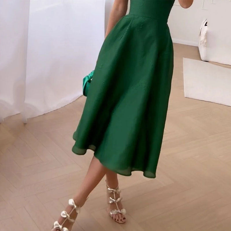 2023 Summer Green Midi Dress with Elegant Waist Design