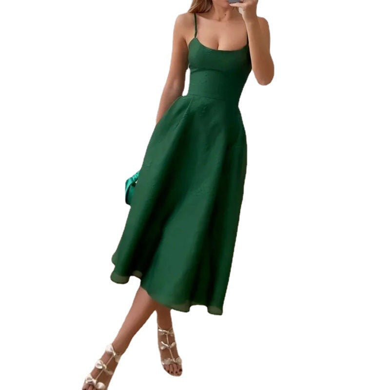 2023 Summer Green Midi Dress with Elegant Waist Design